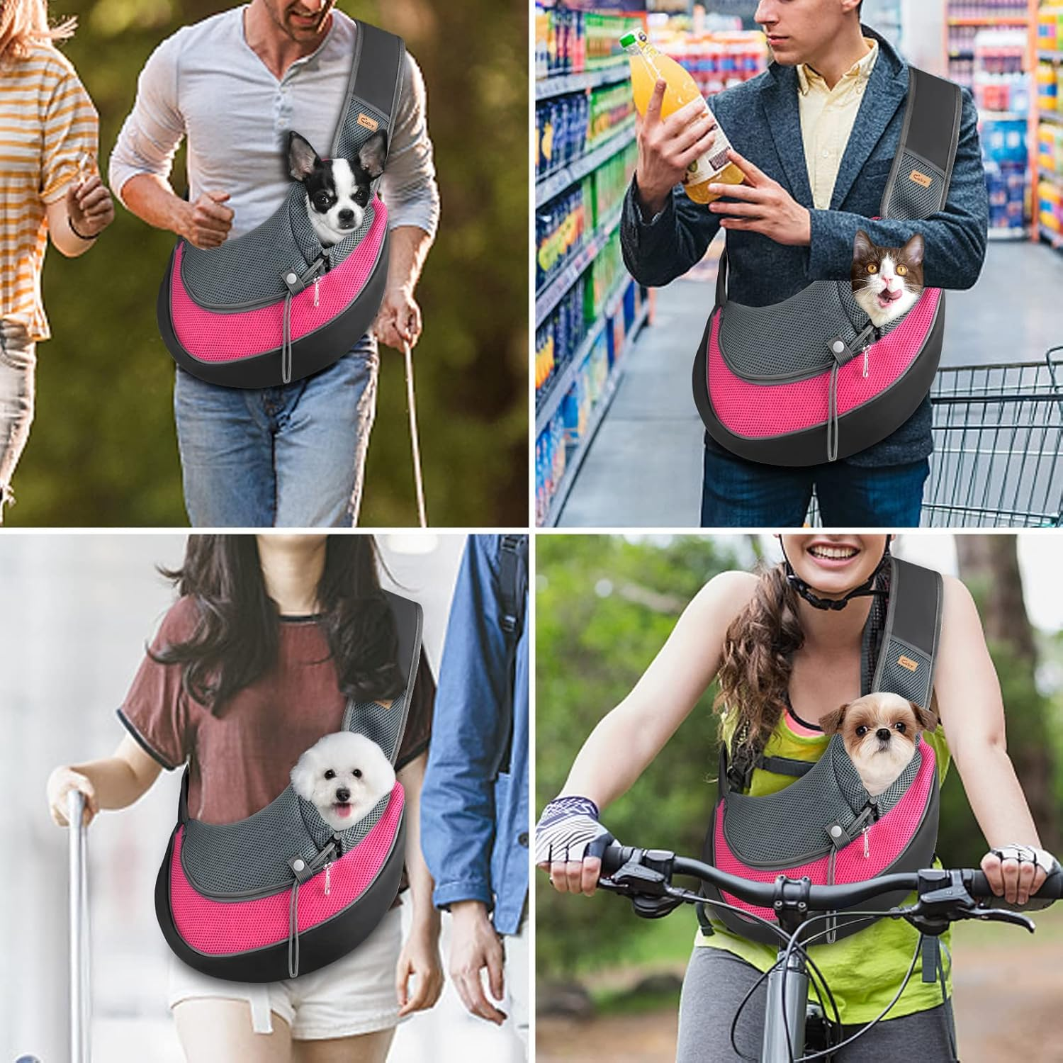 Cuby Pet Sling Carrier for Small Dogs Cats,Drawstring & Zipper & Special Security Hook Triple Designs for Pets' Securty,Breathable Mesh Travel Cat Carrier Bag with Adjustable Shoulder Strap (Pink S) image number 4