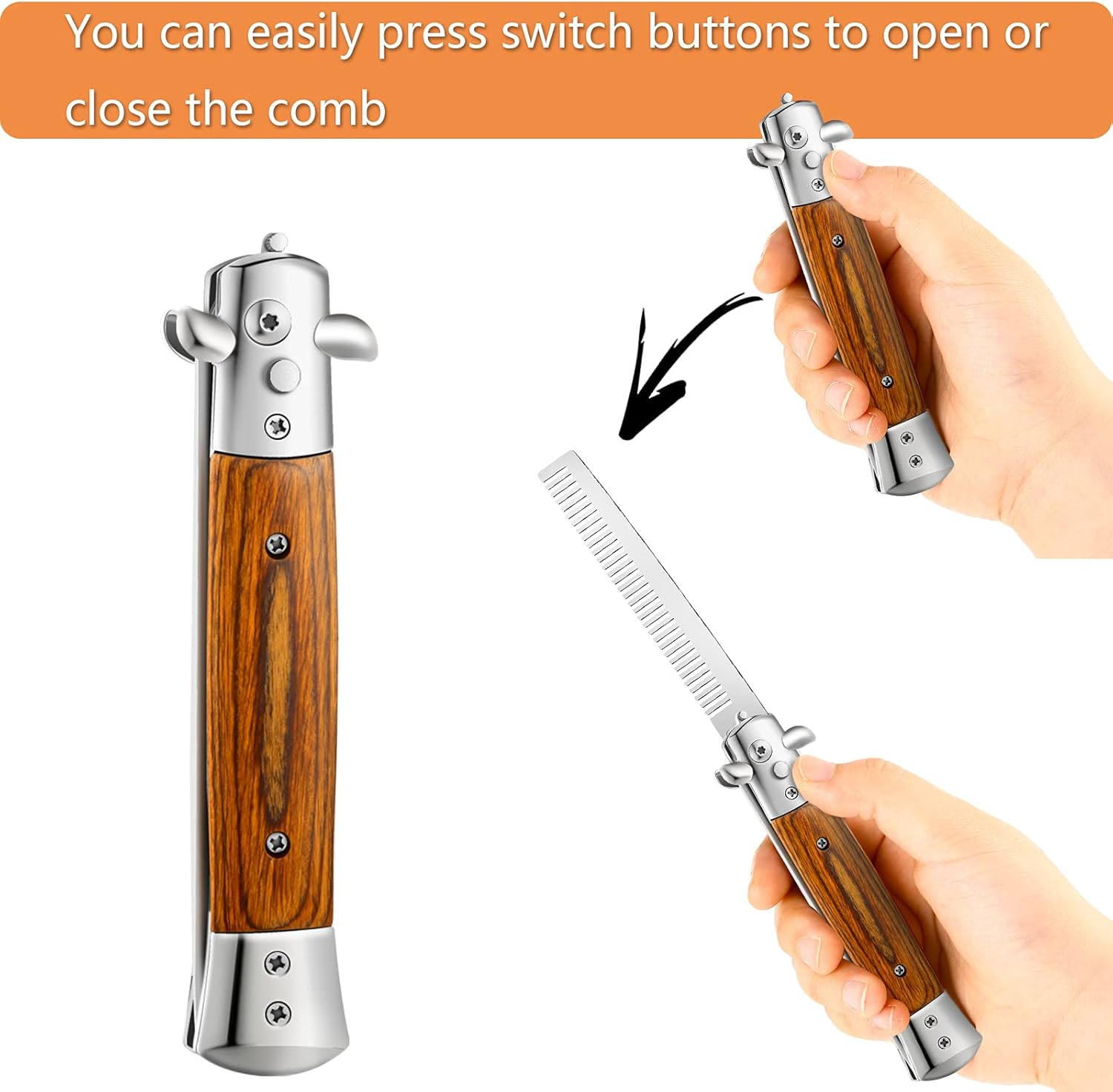 Chengu 2 Pieces Wood Grain Switchblade Blade Pocket Hair Brush Comb Automatic Push Button Brush and Folding Butterfly Stainless Steel Training Practice Comb Outdoor(Black) image number 5