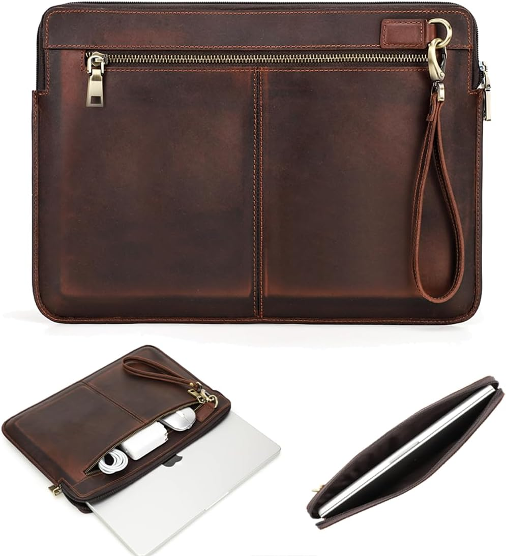 Contacts Genuine Leather Laptop Case Large Document Bag Notary Bag Slim Briefcase for Men