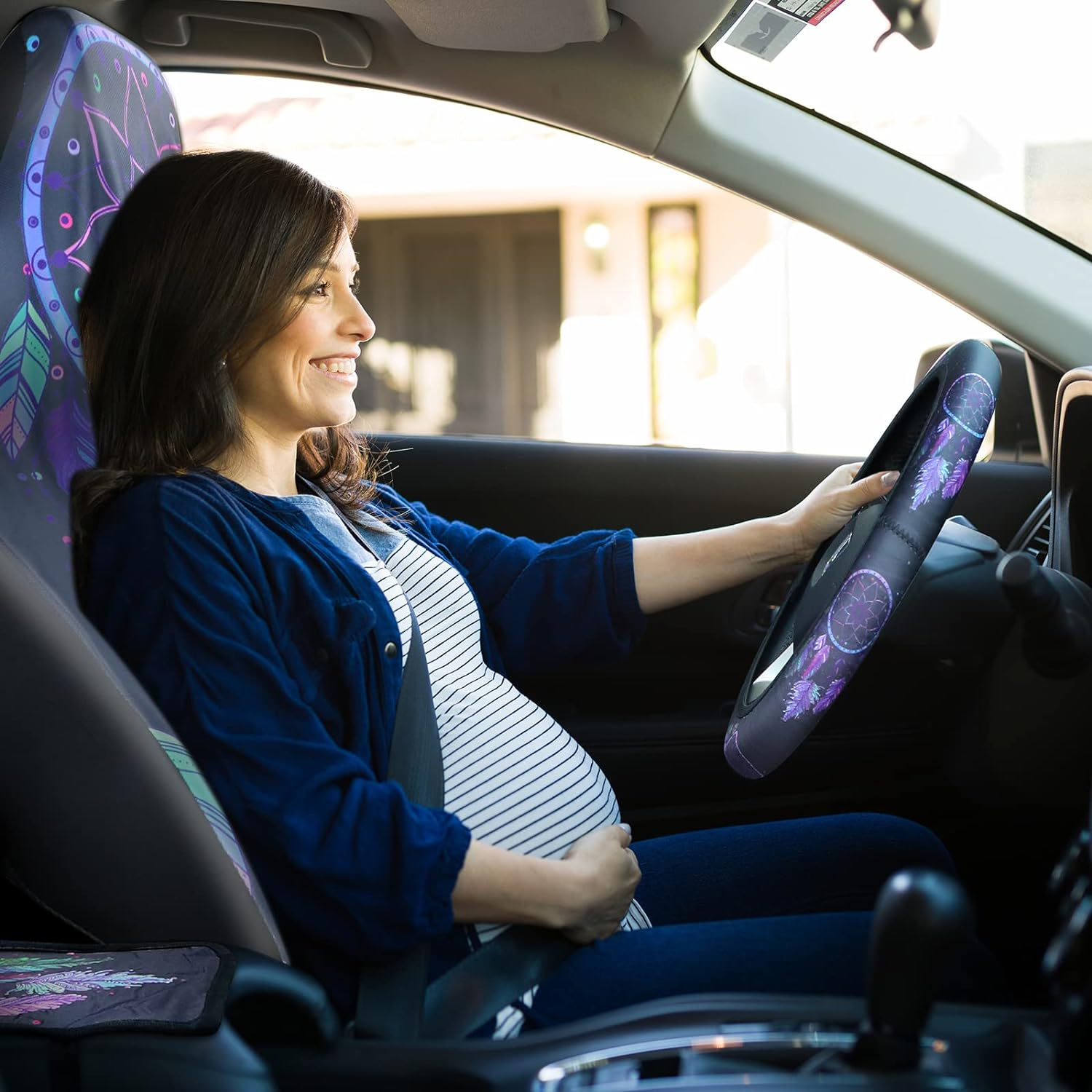 Tallew 10 Pcs Dream Design Car Seat Covers Full Set, Front Cover, Steering Wheel Belt Pads, Center Console Armrest Cup Holder Coasters, Keychain, Key Ring for Truck SUV image number 3