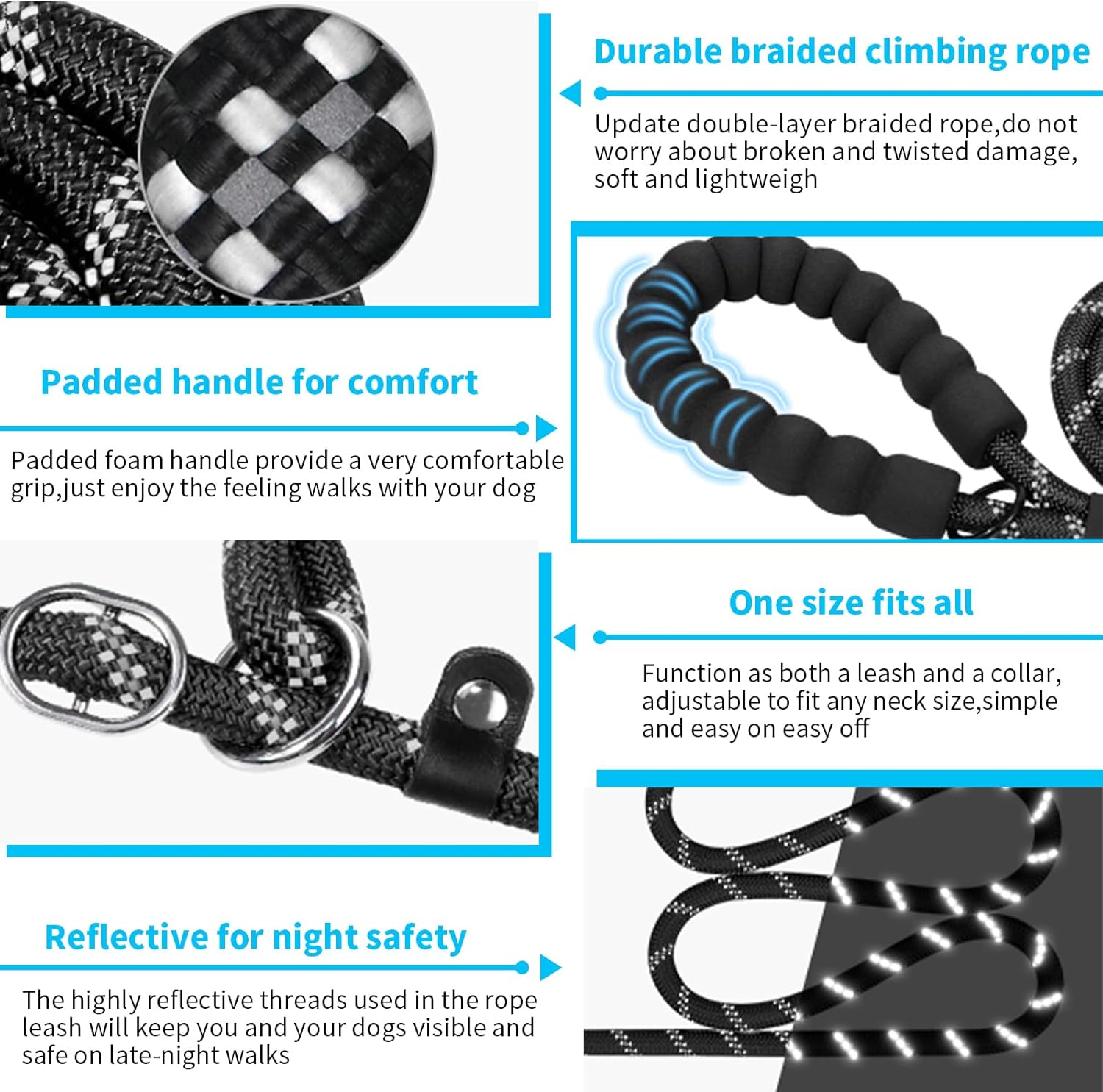 1.2M Non-Slip Lead Dog Leashes with Comfortable Padded Handle, Anti-Choking Rope Dog Non-Slip Leash, Reflective Strong Sturdy Heavy Duty Rope Leash, Dog Training Leash for Medium Large Dogs (Black) image number 4
