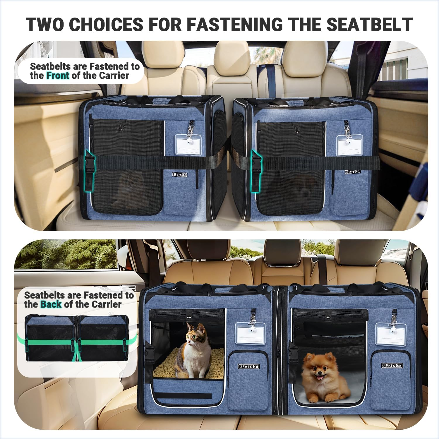 Petskd 2 in 1 Double Cat Car Travel Carrier with Litter Box, 38"X17"X18" Portable Dual Extra Large Cat Carrier for Multiple Cats with Zipper Locks for Moving across the Country image number 3