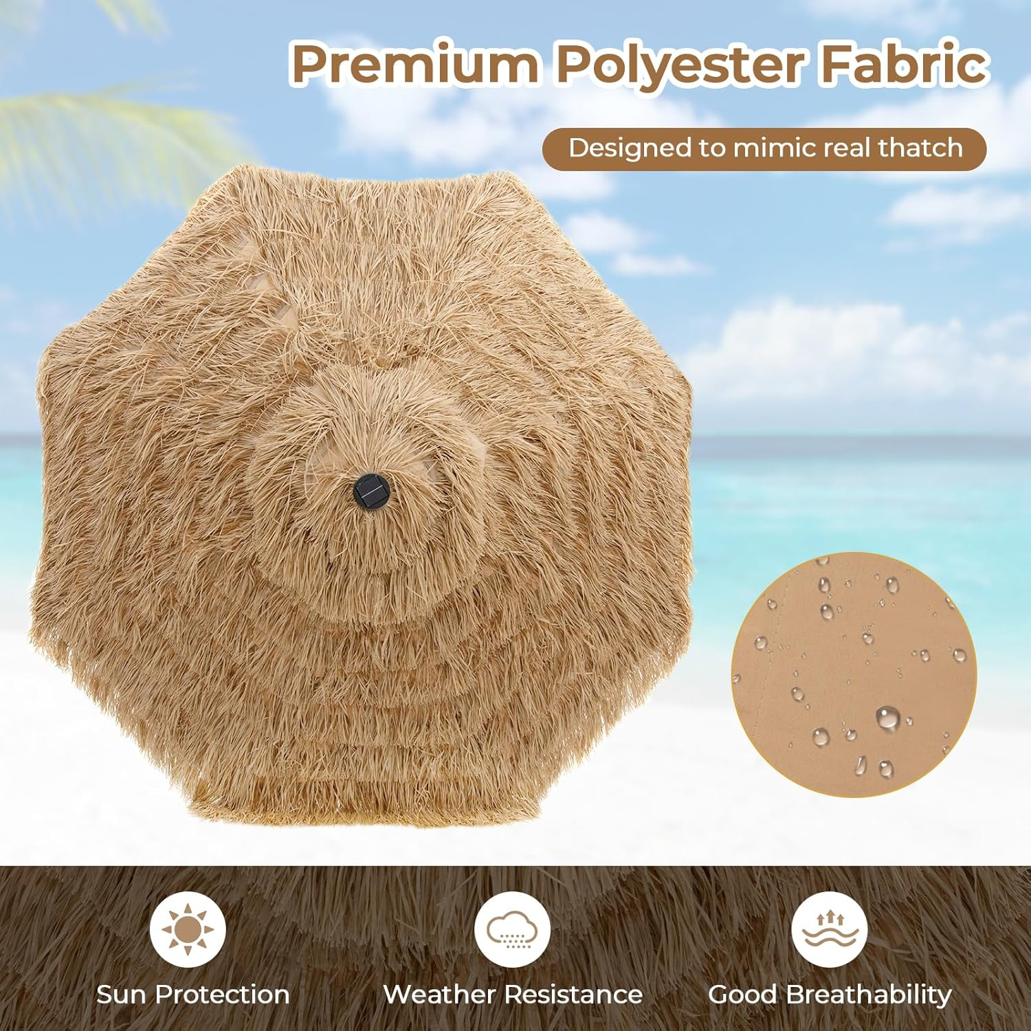 Costway 32 LED Hula Thatched Tiki Umbrella, Solar Powered Hawaiian Style Beach Umbrella with 8 Ribs, 30&deg; Tilt & Crank, Outdoor Market Umbrella for Tropical Palapa, Tiki Bar, Patio, Garden & Poolside, Natural image number 1