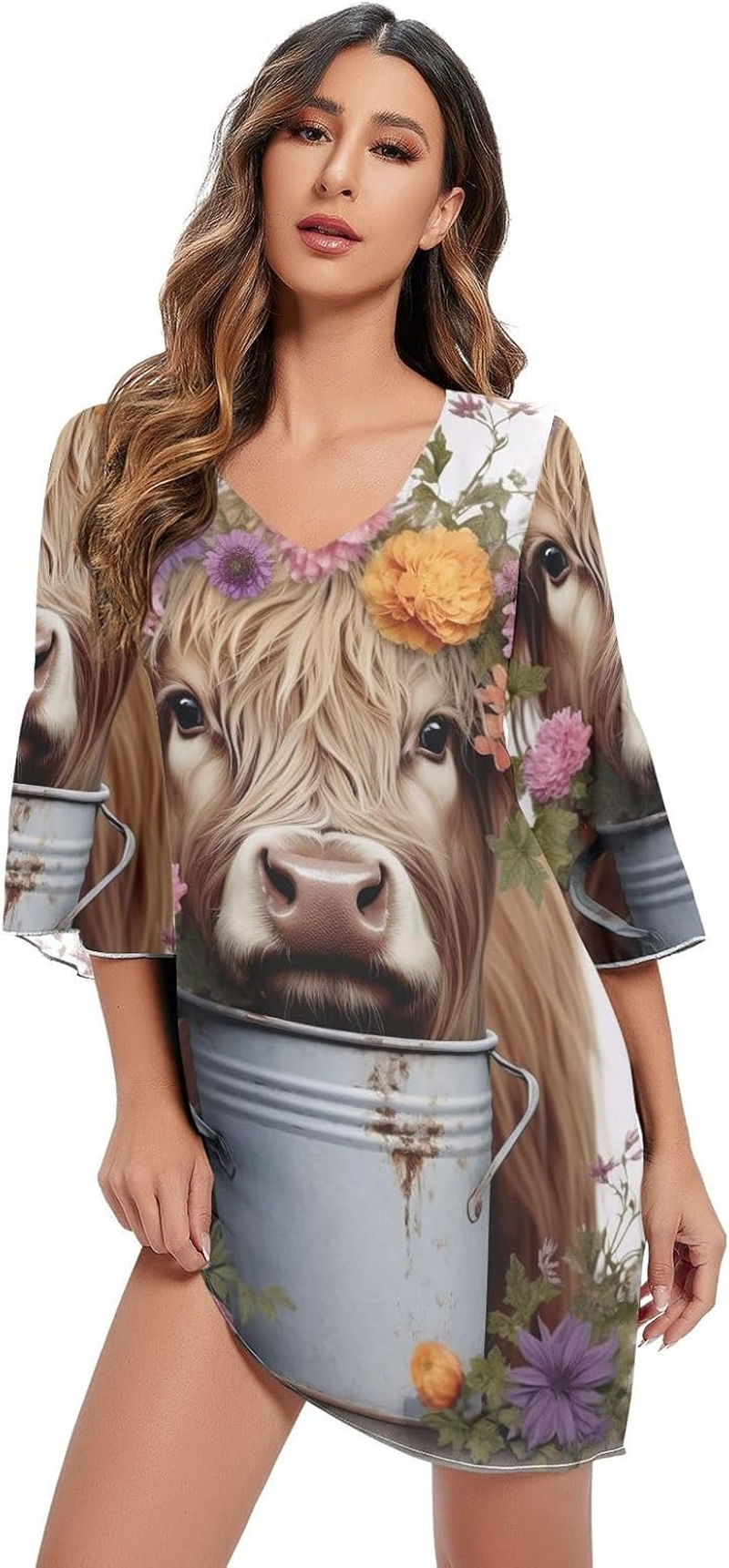 Highlands Cow and Flowers Summer Dress Printed Line Maternity Dress S-XXL image number 1