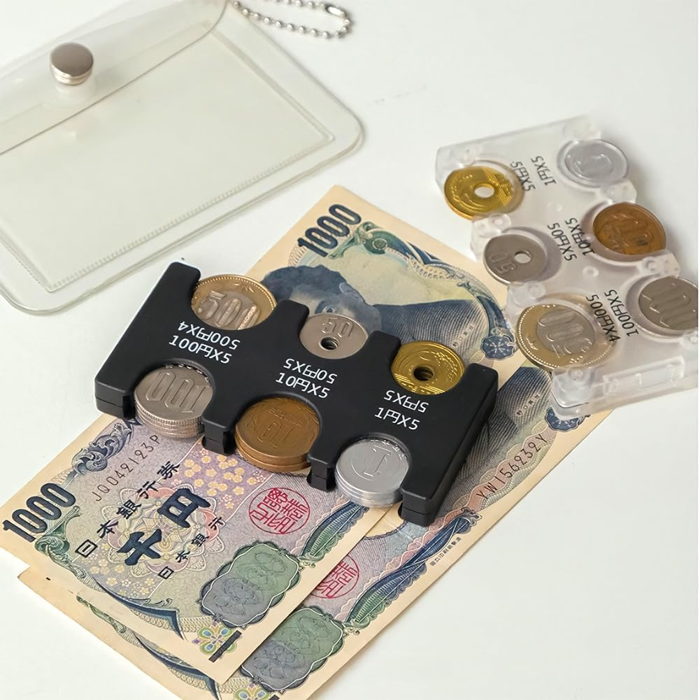 Japanese Yen Coin Holders Hard Case Organizer, Portable Coin Dispenser with 6 Slots Rectangle Plastic Coins Sorter Collection Wallet for Travel Car Coins Storage (Black +Transparent) image number 4