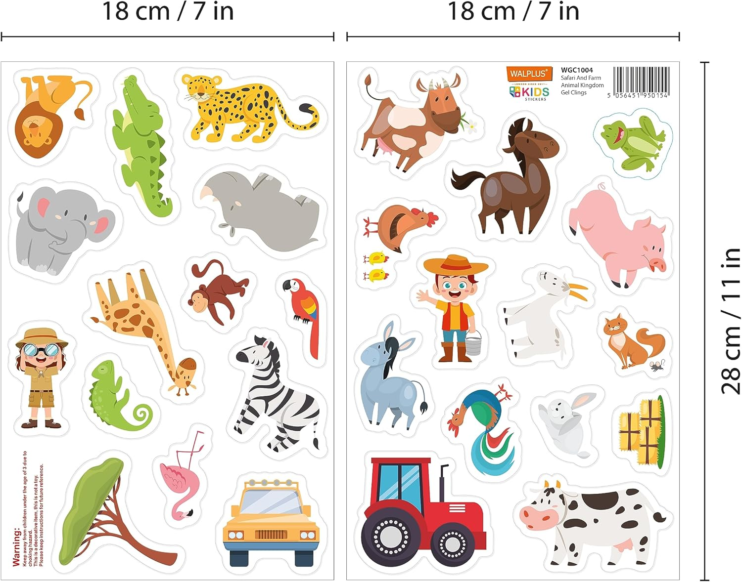 WALPLUS Gel Clings Window Decals Stickers for Kids Toddlers Window Stickers Window Clings Removable Reusable Nursery Room Classroom Party Supplies Safari and Farm Animal 28 Pcs
