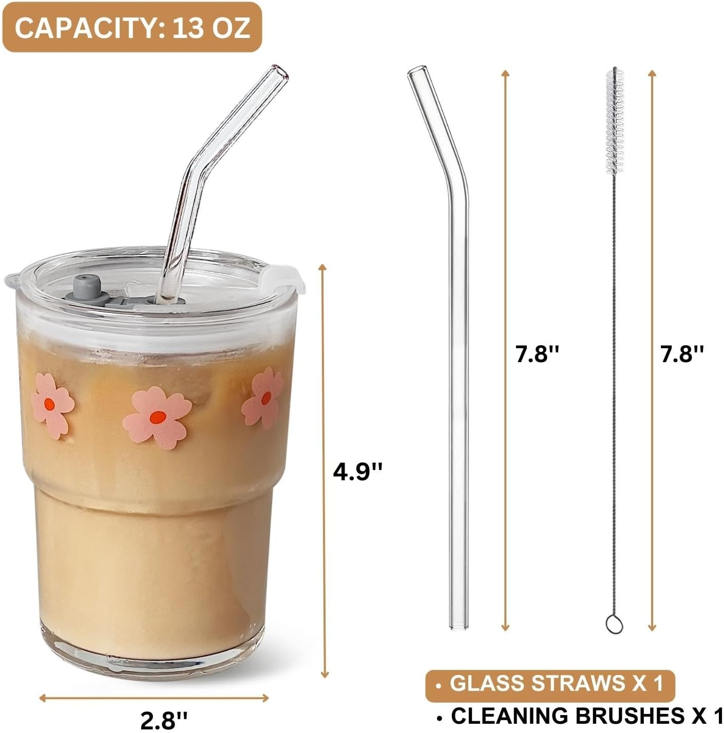 Olvini 13Oz Glass Tumbler with Glass Straw and Lid, Iced Coffee Cups Reusable, Water Cup, Coffee Tumbler, Glass Coffee Mugs, Drinking Glass Cups (Pink Flower) image number 1