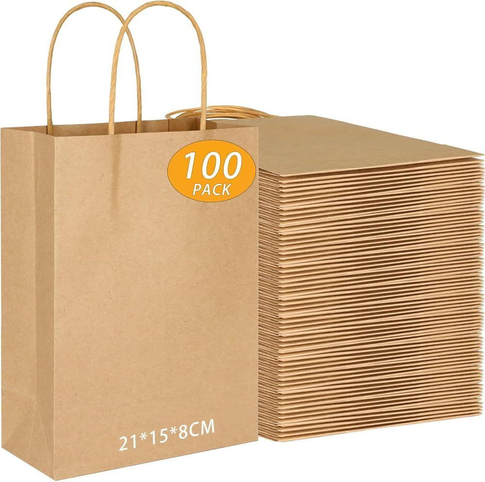 100 PCS Paper Bags with Handles,21 * 15 * 8CM Small Gift Bags,Kraft Paper Bags for Birthday Party Favors,Retail Shopping,Wedding,Christmas Bulk,Lunch (Blue)