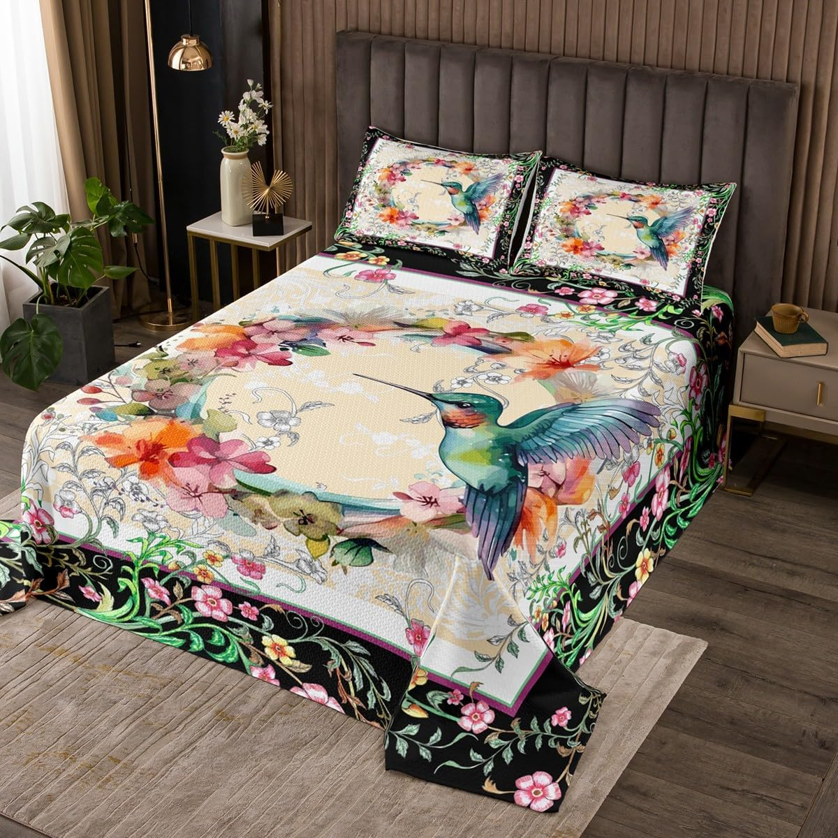 Manfei Hummingbird Flowers Woman Bedspread Set M Size, Watercolour Floral Leaves Botanical Bedding Set, Children Girls Teens Adult Room Decor, Natural Animals Comforter Set Spring Garden Quilt Set