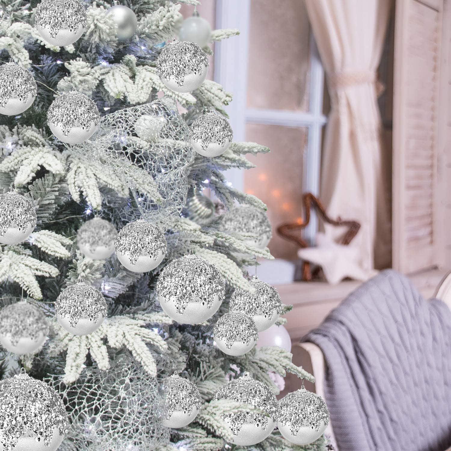 4" Christmas Ball Ornaments, 4Pc Set Silver Shatterproof Christmas Decorations Tree Balls for Xmas Trees Wedding Party Holiday Decorations - Champagne image number 5