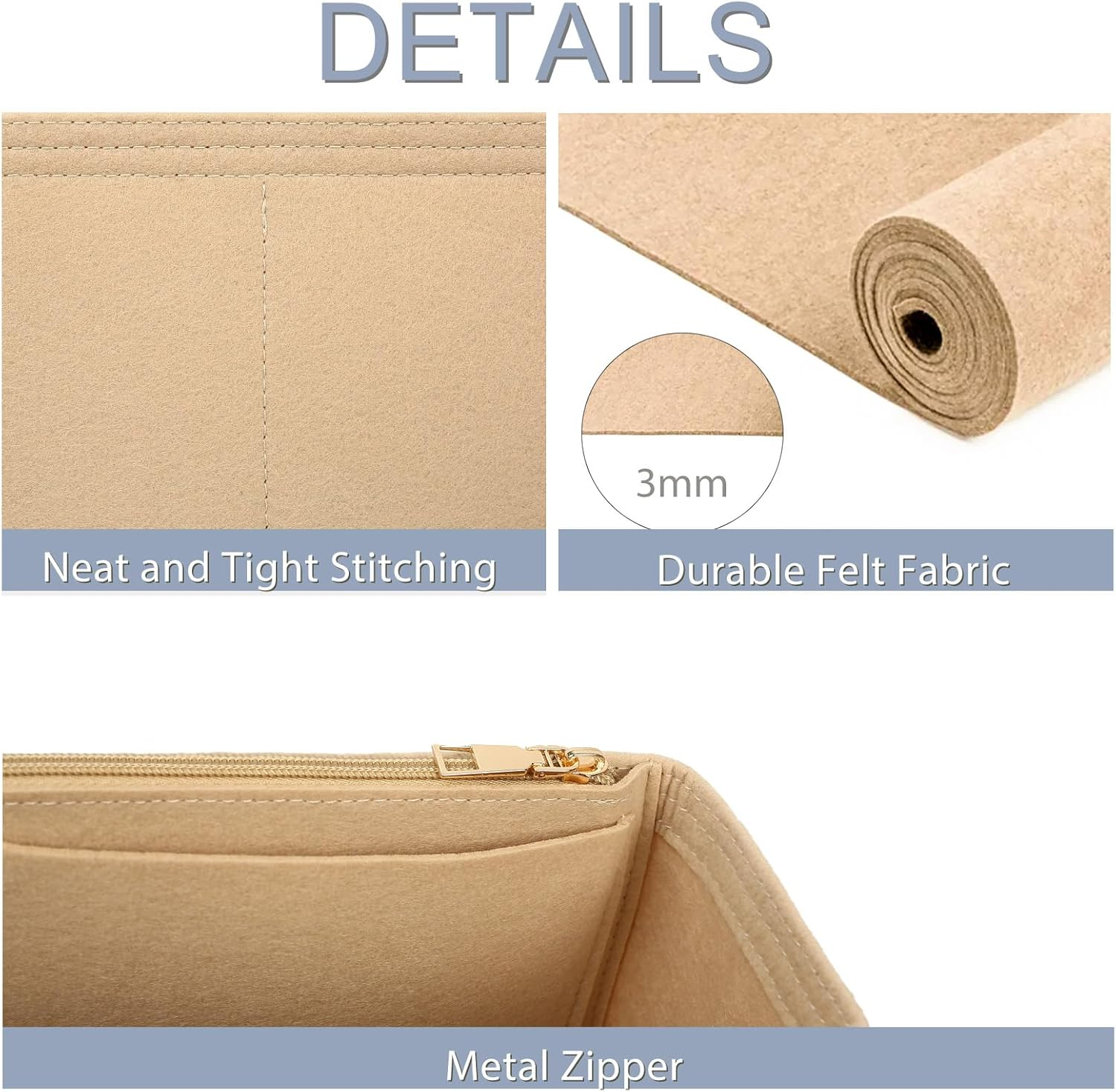 Surblue Purse Organizer Insert for Handbags, Felt Bag Organizer with Zippers Handbag Shaper Pouch for Classic 19 Flap Bag, Marmont, Onthego,（Khaki, Slender S） image number 1