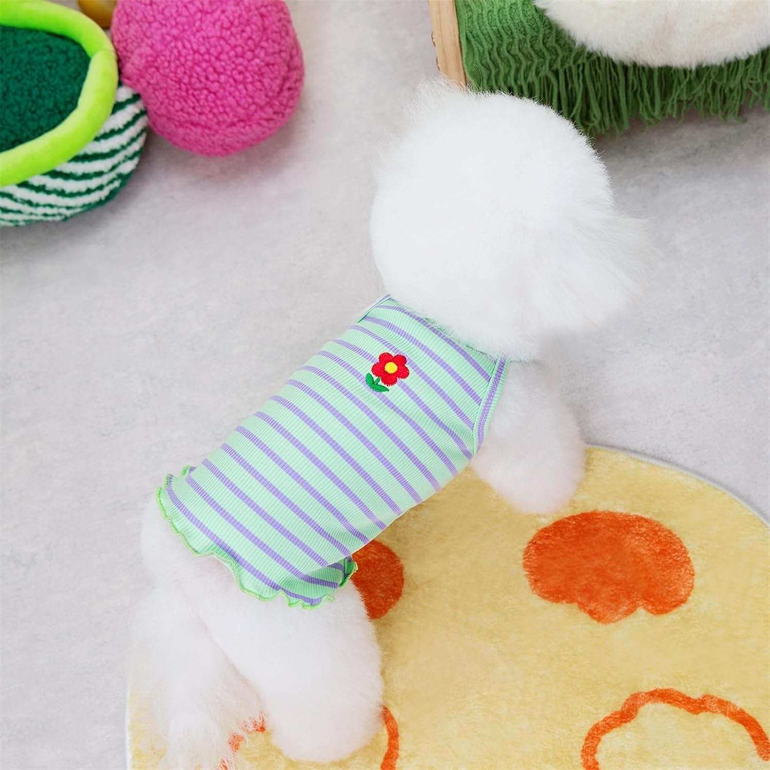 Yaopelky 2 Pieces Small Medium Dogs Summer Clothes Dog Striped Shirt Cute Flower Strawberry Embroidery Vest Pet Outfit for Chihuahua Yorkie Teddy (Pink-Green, S) image number 5