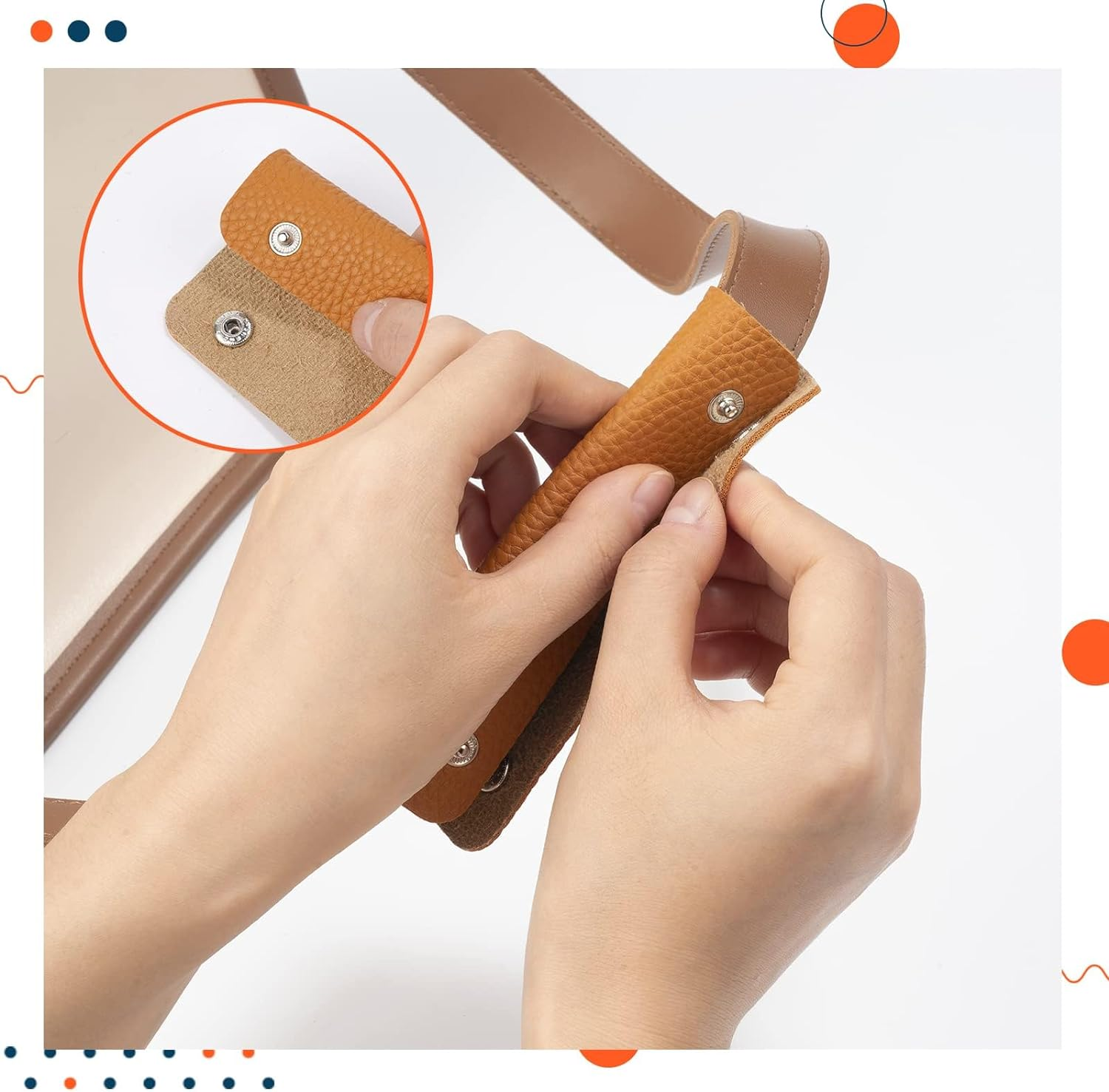 IUAQDP 2-Piece Leather Wrap Cover, Luggage Grip Protector with Brass Clasp, Soft Purse Strap Pad for Shopping, Travel, Suitcase, Tote Bag, Wallet - Brown - Beige image number 4