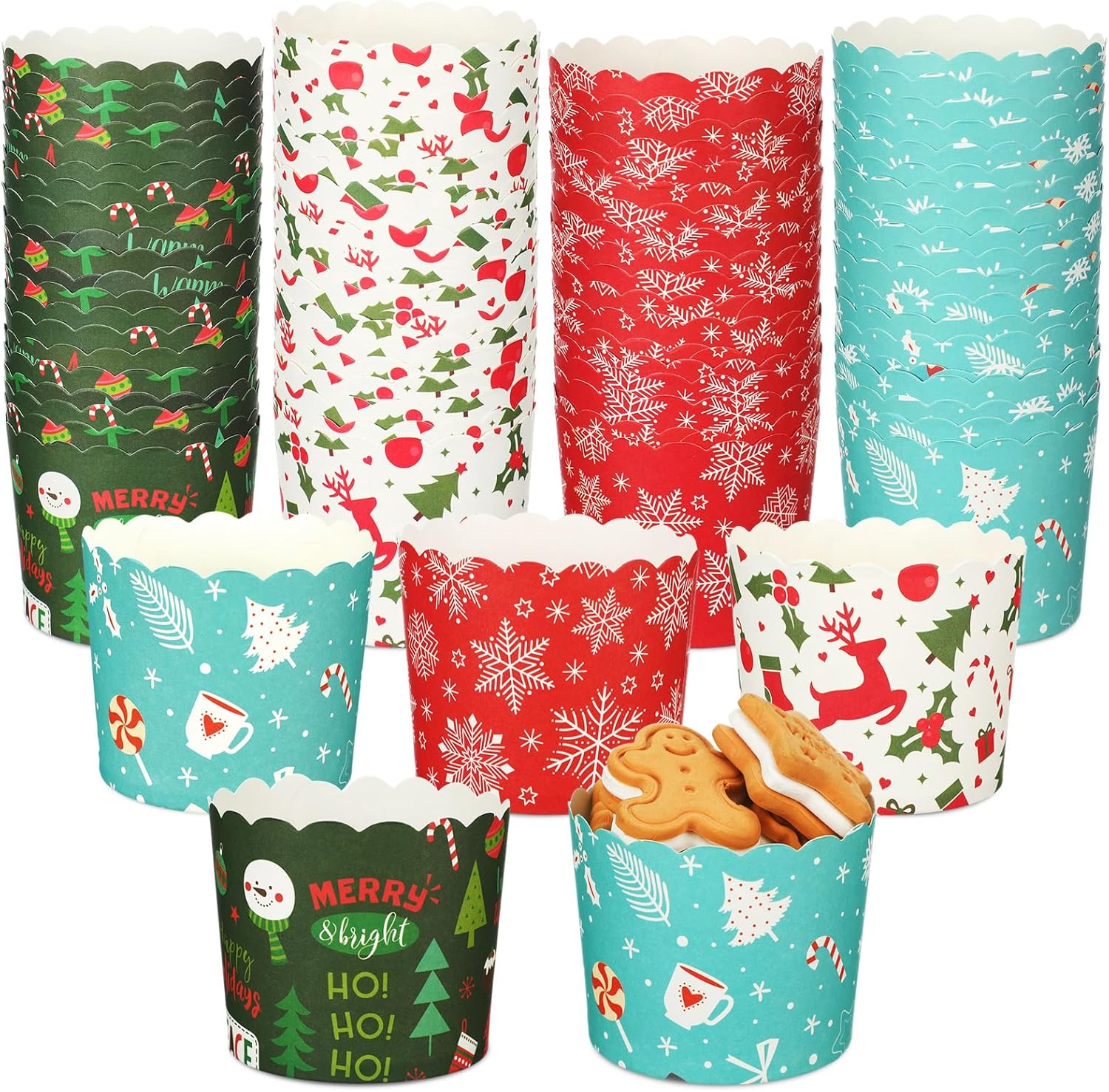 Uiifan 200 Pcs 6 Oz Muffin Cupcakes Christmas Baking Paper Cups Greaseproof Baking Cup Christmas Muffin Paper Cups 4 Styles Xmas Baking Paper Cup Christmas Party Supplies for Cake Balls Candies image number 2