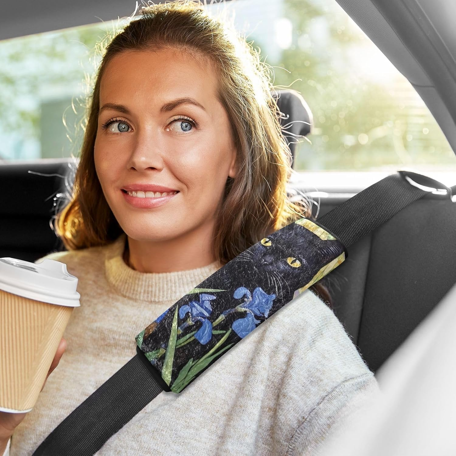 GAIREG Cat in Blue Flowers Bus Seat Belt Cover Seat Belt Shoulder Pad image number 1