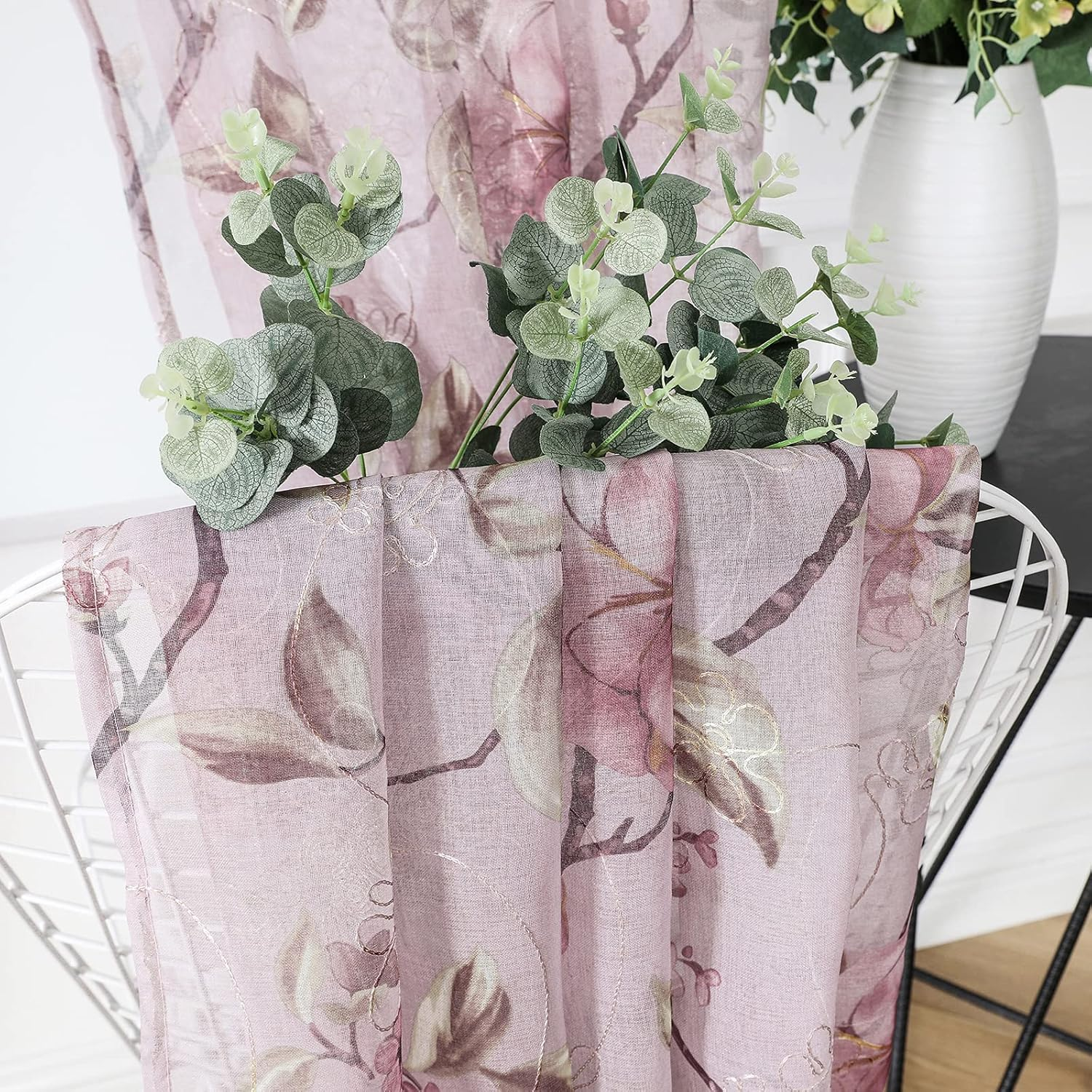Tollpiz Sheer Curtain Pink Flower Leaf Printed Floral Embroidered Bedroom Curtains Sheer Rod Pocket Voile Faux Linen Short Window Curtain for Living Room, 54 X 45 Inches Long, Set of 2 Panels image number 3
