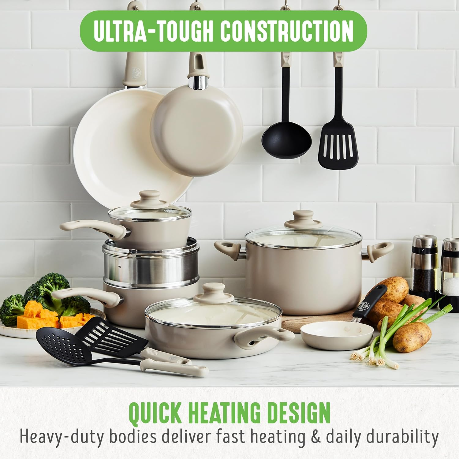Greenlife Soft Grip Healthy Ceramic Nonstick 16 Piece Kitchen Cookware Pots and Frying Sauce Pans Set, Pfas-Free, Dishwasher Safe, Taupe image number 2