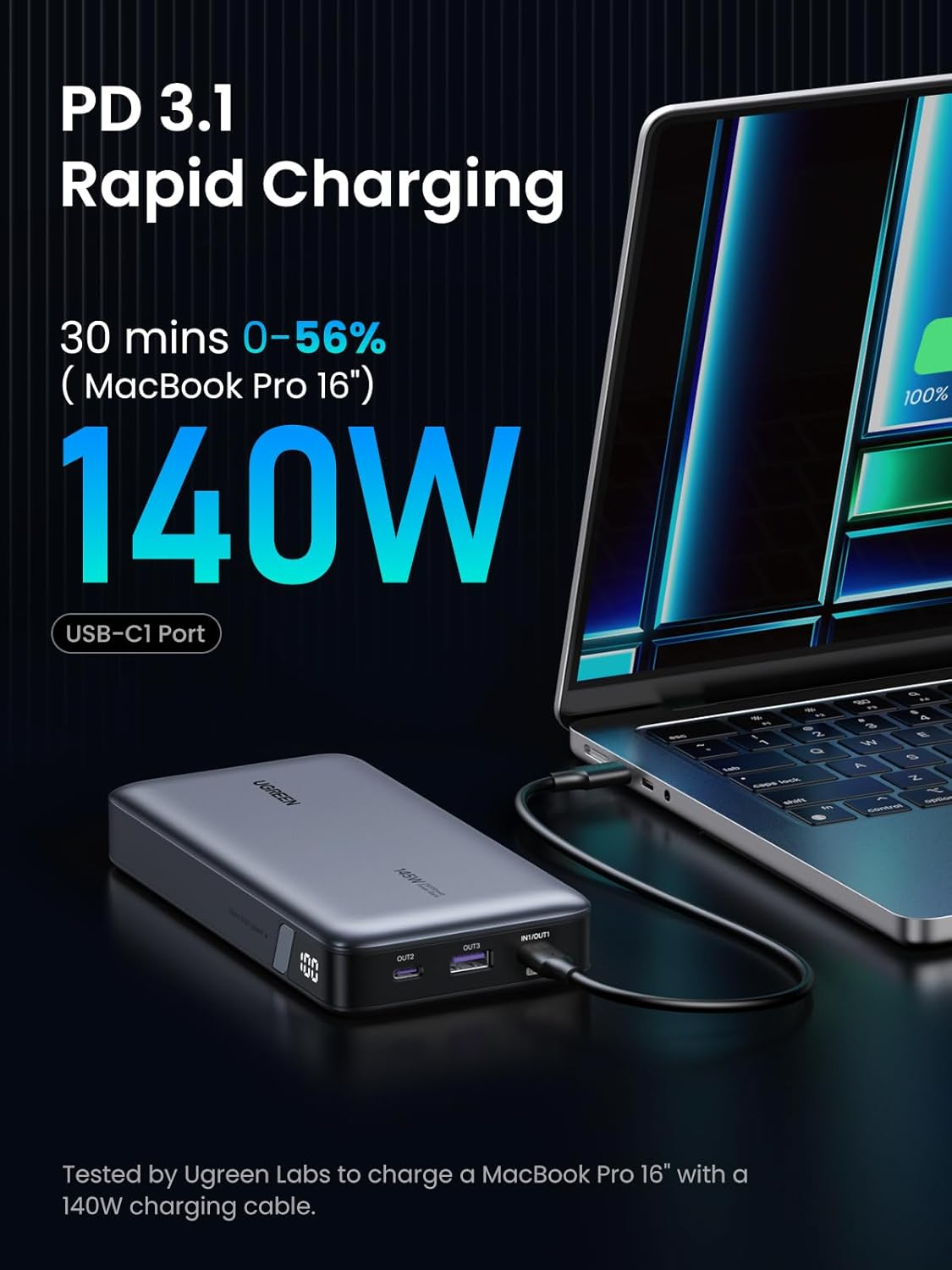 UGREEN 145W Power Bank 25000Mah 3-Port Portable Charger 140W Output PD 3.1 Nexode Laptop Powerbank Battery Pack Digital Display for Macbook Pro, Iphone 16 Pro Max/15, S24 Ultra (45W), Pixel 9, Dell HP