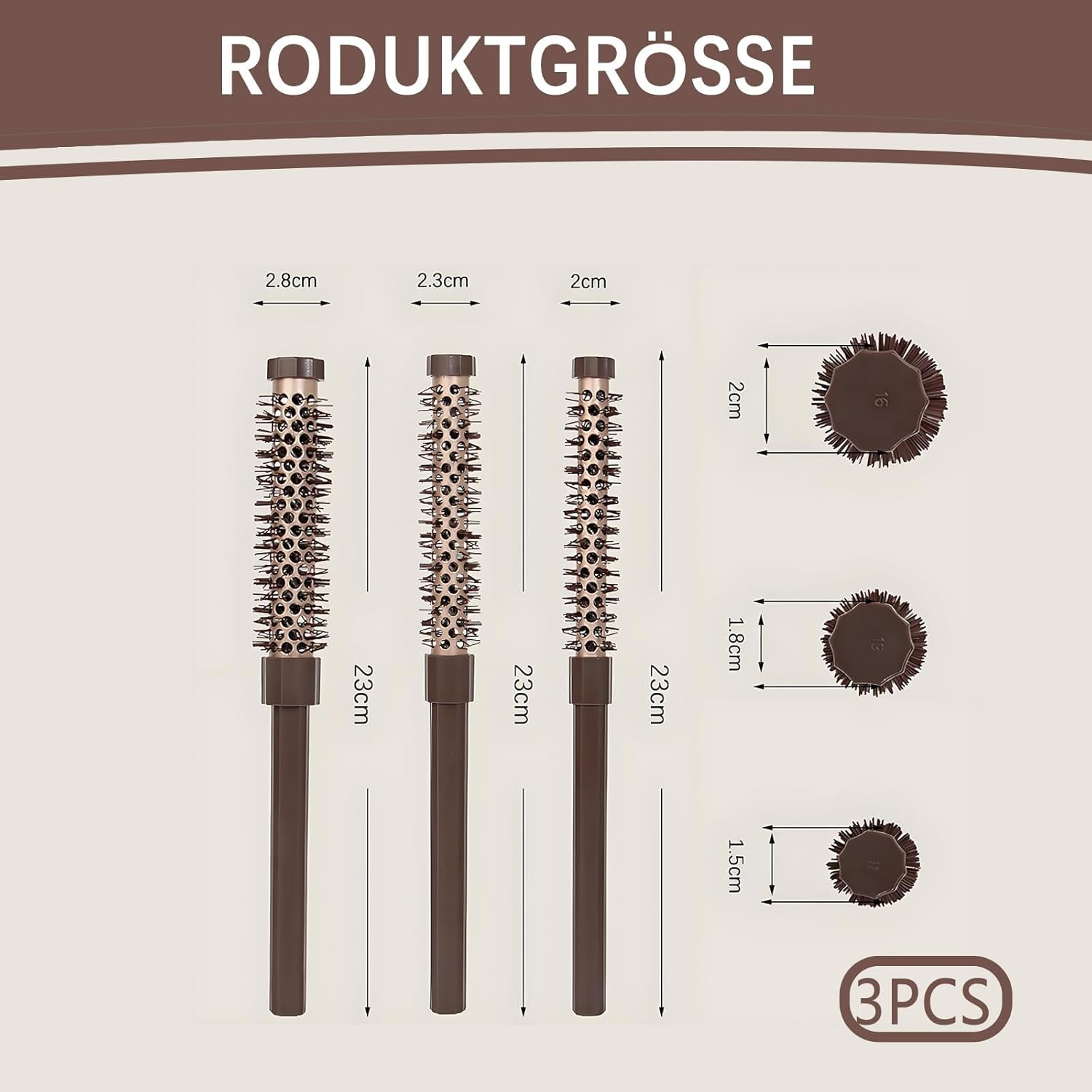 Set of 3 Small round Brushes, round Brush Set for Blow-Drying, Hair Brush, round for Short Hair, Pony Root, Curls and Straight Hair, 3 Pieces in Various Sizes image number 1