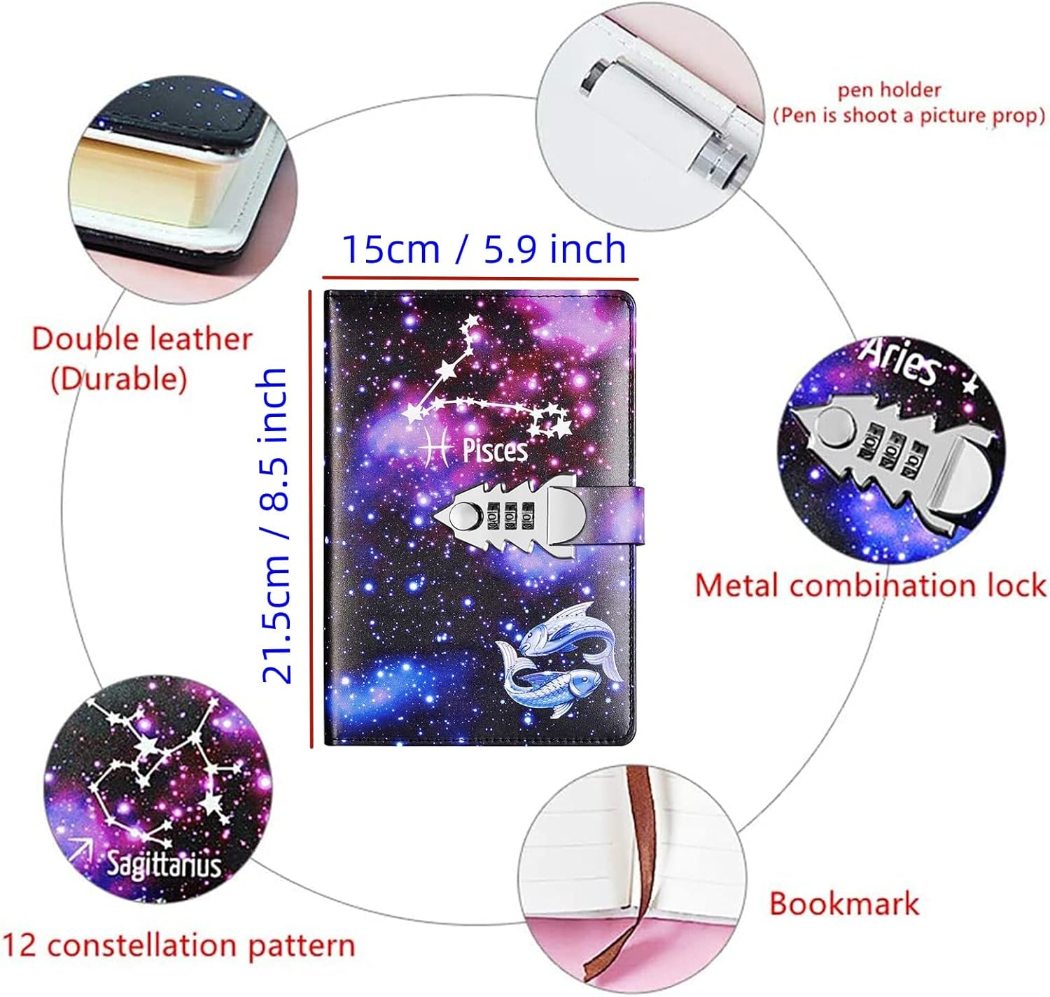 Junshop Locking Diary Combination Lock Journal Constellation Writing Diary A5 Starry Sky Lock Leather Notebook (Pisces) image number 6