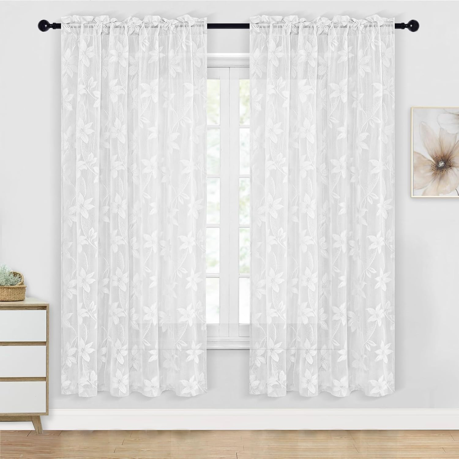 DWCN Sheer Curtains White Floral Lace Curtains Rod Pocket Window Curtains Drapes for Bedroom, Each W132 X D213 Cm, Set of 2 Panels