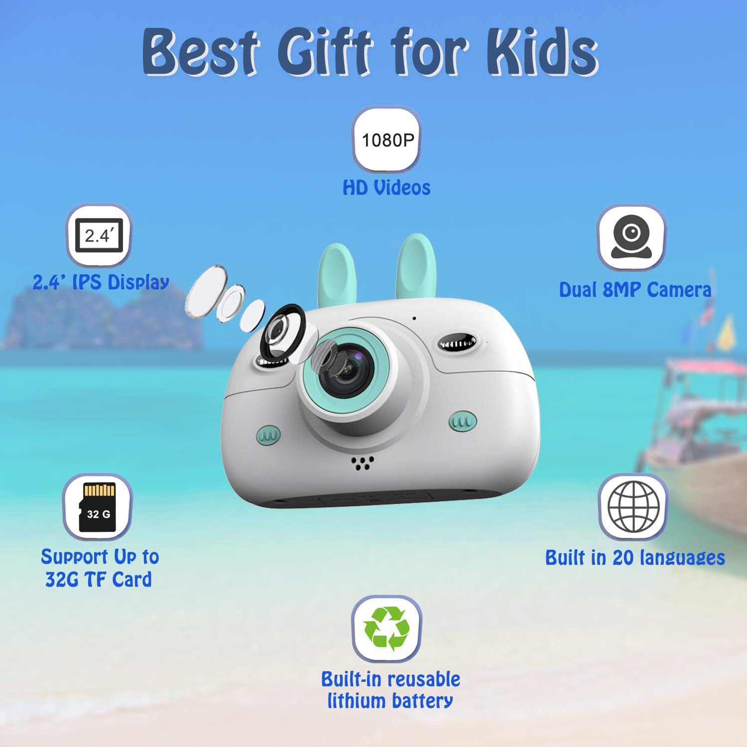 Kids Digital Video Camera Front and Rear Selfie 8MP Mini Rechargeable Children Camcorder, Shockproof Soft Cover 2 Flashlight Toys Camera 3-12 Year Old, 650Mah 32GB (Blue) image number 1