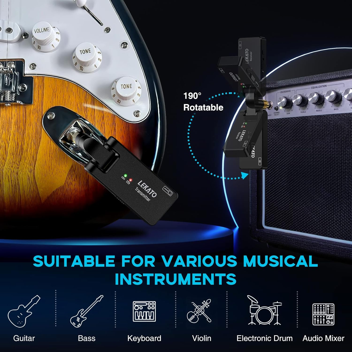 LEKATO Wireless Guitar System with Charging Case, Rechargeable 2.4Ghz Wireless Transmitter Receiver Guitar Wireless System 4 Channels with Dual Plugs 3.5Mm/6.35Mm,(Ws-100) image number 6
