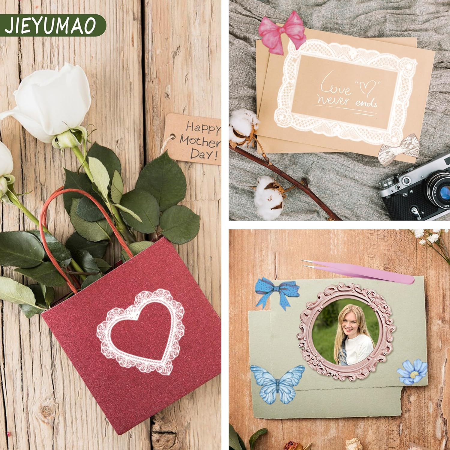 JIEYUMAO Scrapbooking Lace Frames, 70Pcs Vintage Cutout Lace Scrapbook Paper, Scrapbook Paper Lace Cutouts with Tweezers, Multicolor Window Frame Decorative Paper for DIY Crafts Making image number 6