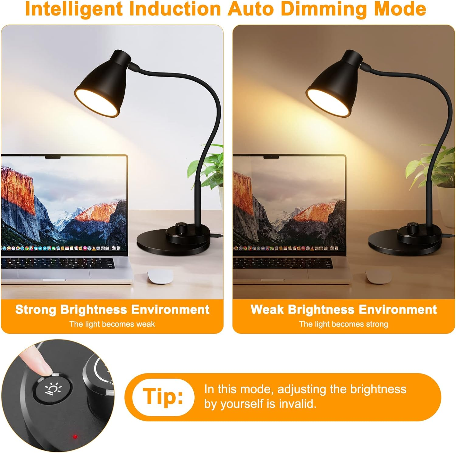 Eocean LED Desk Lamp, Dimmable beside Table Lamp with USB Charging Port, Rotary Switch Study Lamp with Intelligent Induction Auto, Flexible Gooseneck Reading Light for Home Office, 3 Color Modes image number 5