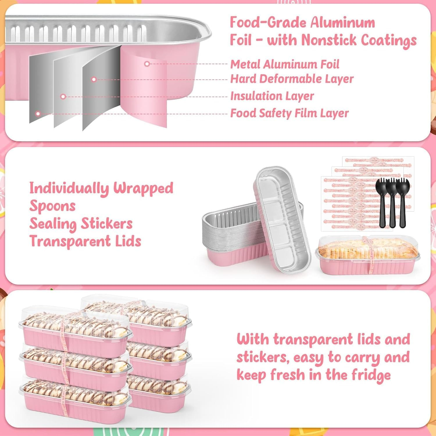 100 Pack Mini Loaf Pans with Lids and Spoons Sealing Sticker, 200Ml Mini Cake Pans for Baking, Aluminum Foil Loaf Pans, Pink Mini Loaf Baking Pans, Small Cake Containers with Lids image number 3