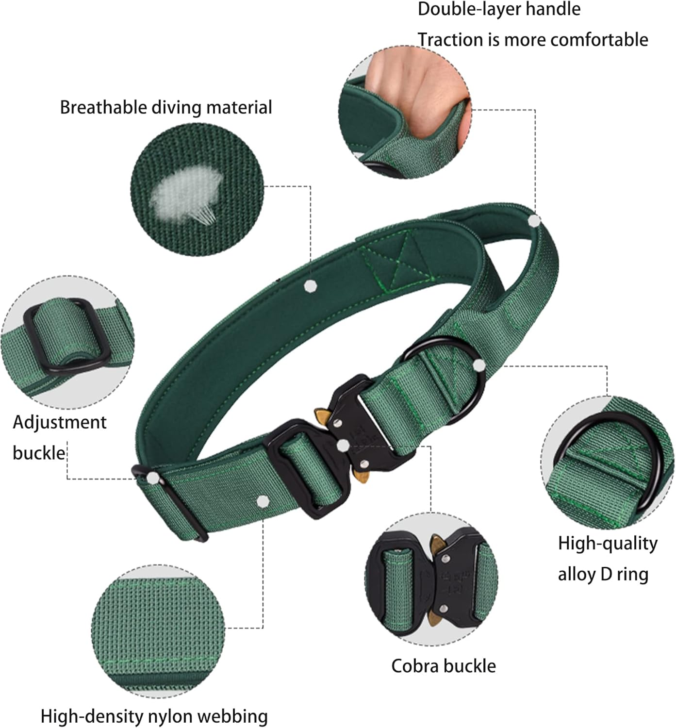 Aecllcea Tactical Dog Collar for Medium Large Dogs, Heavy Duty Dog Collars with Handle, Metal Buckle Dog Training Collar, Thick Dog Collar for Male, Large Dog Collar, Military Dog Collar. (L, Green)