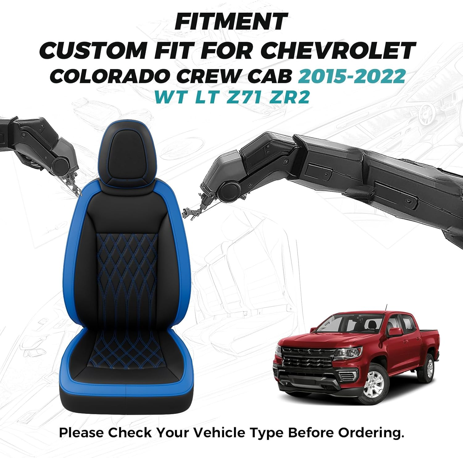 FEINEPRO Custom for Chevy Colorado 2015-2022 Crew Cab Extended Cab Z71 LT ZR2 - Faux Leather Pickup Seat Covers for Colorado Accessories (Black Blue, Full Seat/2015-2022 Crew Cab) image number 4