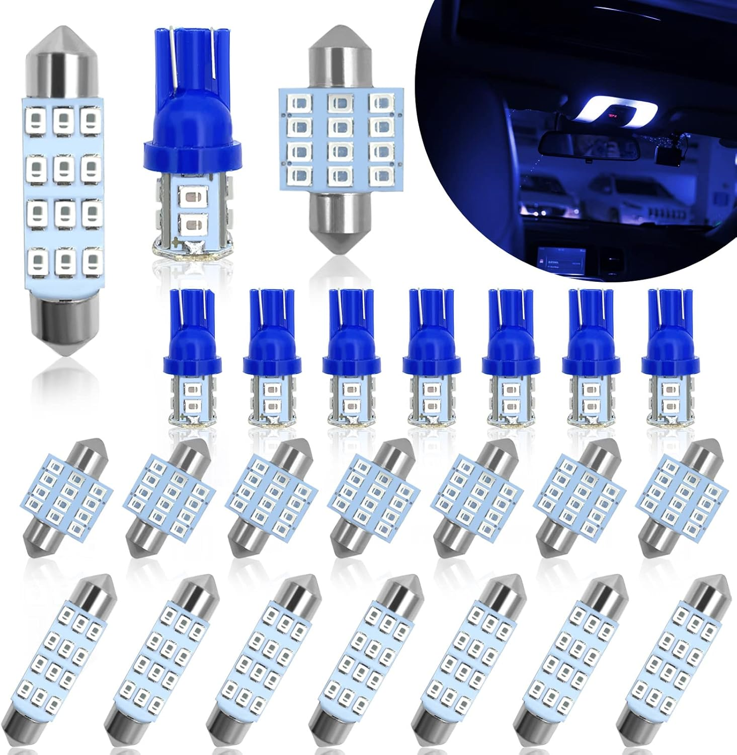 YOGEIER Car Led Bulb, Car Led Combination Set of 24 Sets, Used for Car Interior Lights, Indoor Map Dome Lights, Trunk Lights, License Lights, Etc. (Blue)