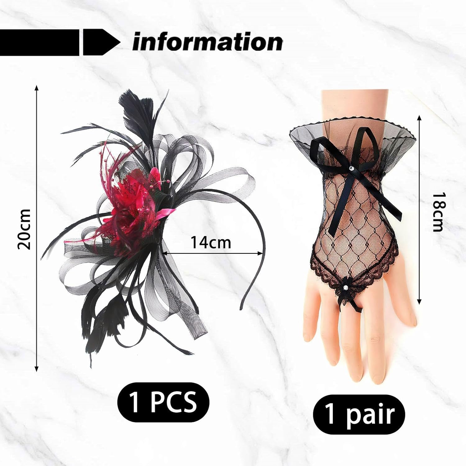1 X Flower Feather Headband and 1 Pair of Black Gloves, Elee Retro Hair Accessories, Party Clothing Accessories image number 3
