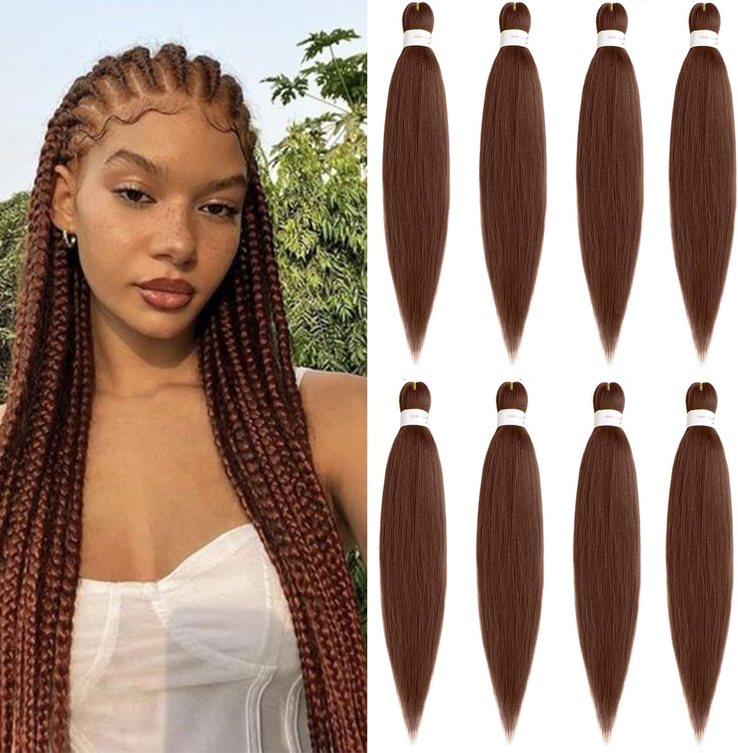 Mscat 30 Inch 8 Packs Pre Stretched Braiding Hair Brown Pre Stretched Braiding Professional Synthetic Prestretched Crochet Braids Hair Extension Hot Water Setting Yaki Texture (30#) image number 5