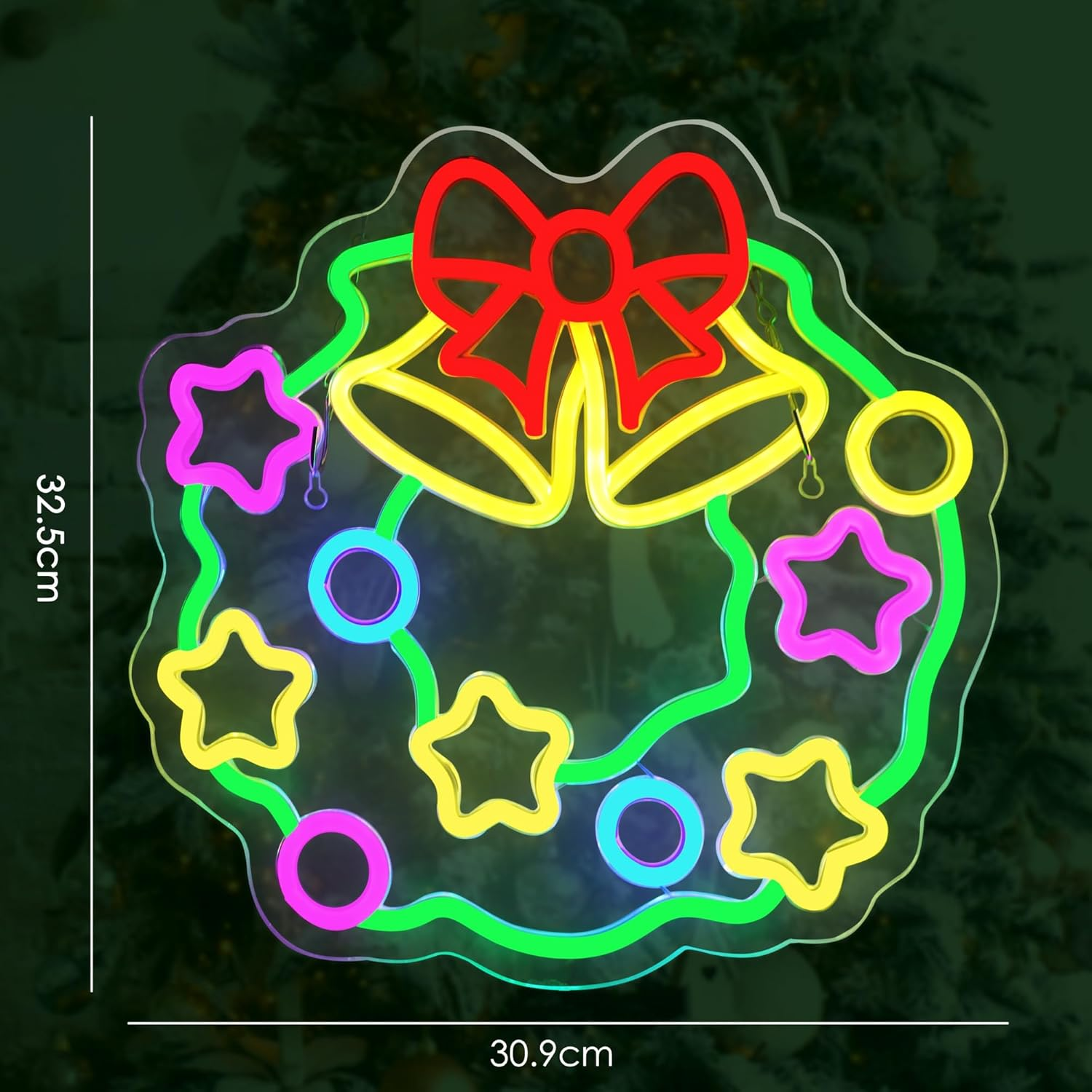 TRIXES Neon Wreath LED Light up Sign - Large 32Cm Retro Wall Decoration - Festive Hanging Decor USB Powered image number 4