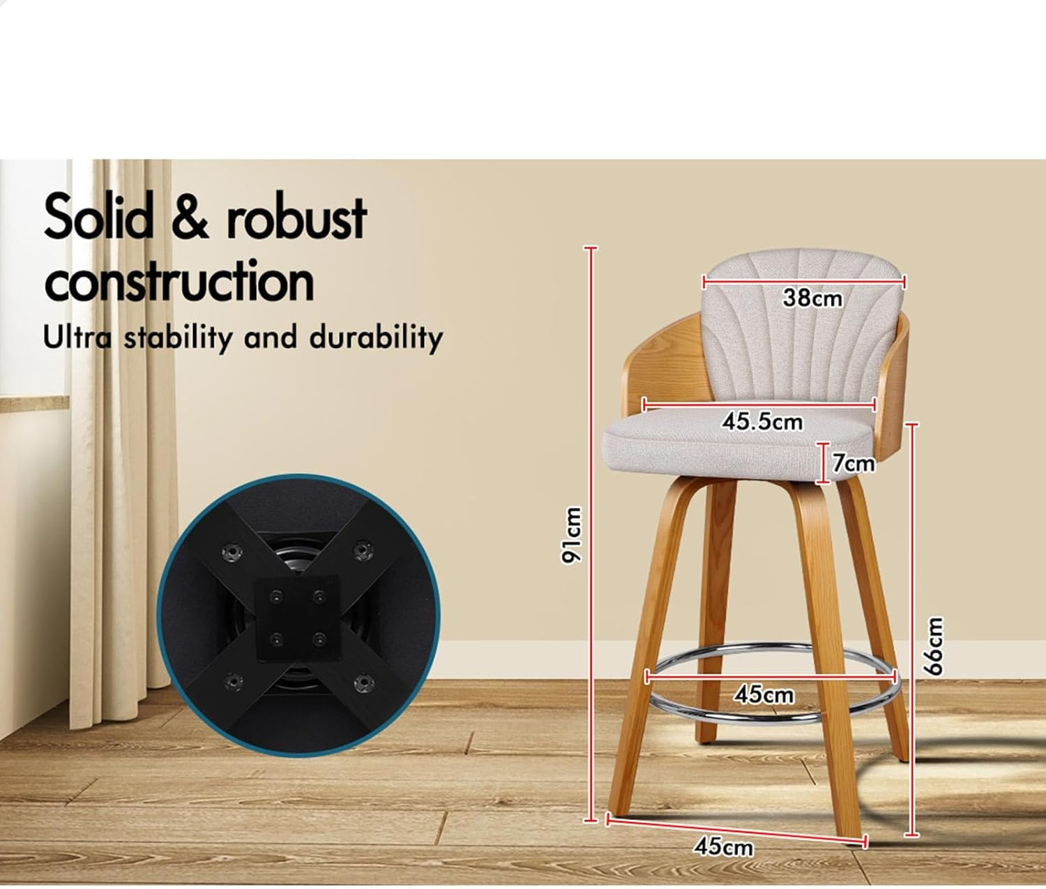 ALFORDSON 2X Bar Stools, Adjustable Kitchen Stools in 66Cm Seat Height, Swivel Fabric Home Bar Counter Barstools with Chrome Steel Footrest, Dining Chair with Anti-Slip Floor Protector, Alice Grey image number 3