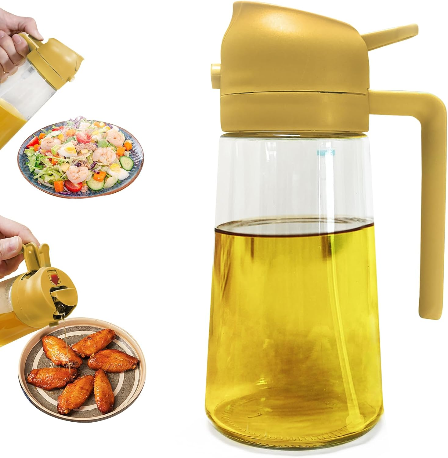 Spray Bottle, 470Ml Dual-Use Glass Oil Spray Bottle - Effortless, Drip-Free, and Easy to Clean (White)