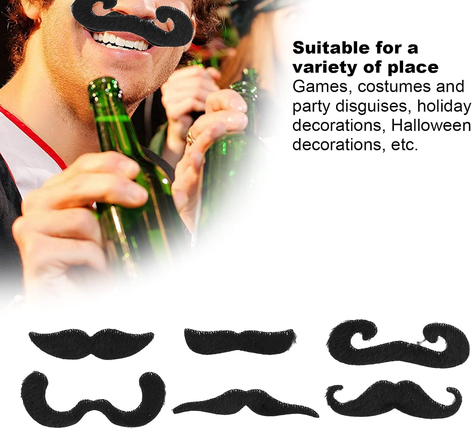 6Pcs Fake Black Moustache, Self Adhesive Fake Mustache for Halloween Party, Costume, Mustache Party Supplies and Holiday Decorations, Easy to Put on and Take Off image number 2