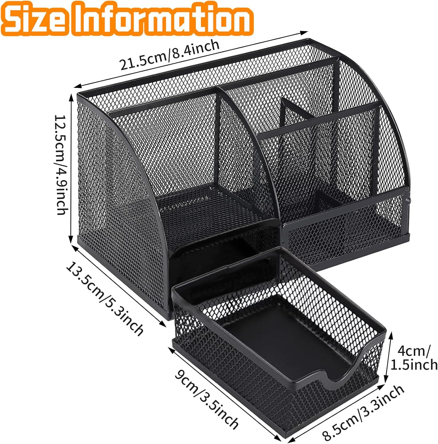 Mesh Desk Organiser with 6 Compartments and 1 Sliding Drawer, Multi-Functional Office Tidy Accessories, Metal Stationary Storage Pen Holder for Home, School, Pencil, Key, Scissors, Paper Clip (Black) image number 5