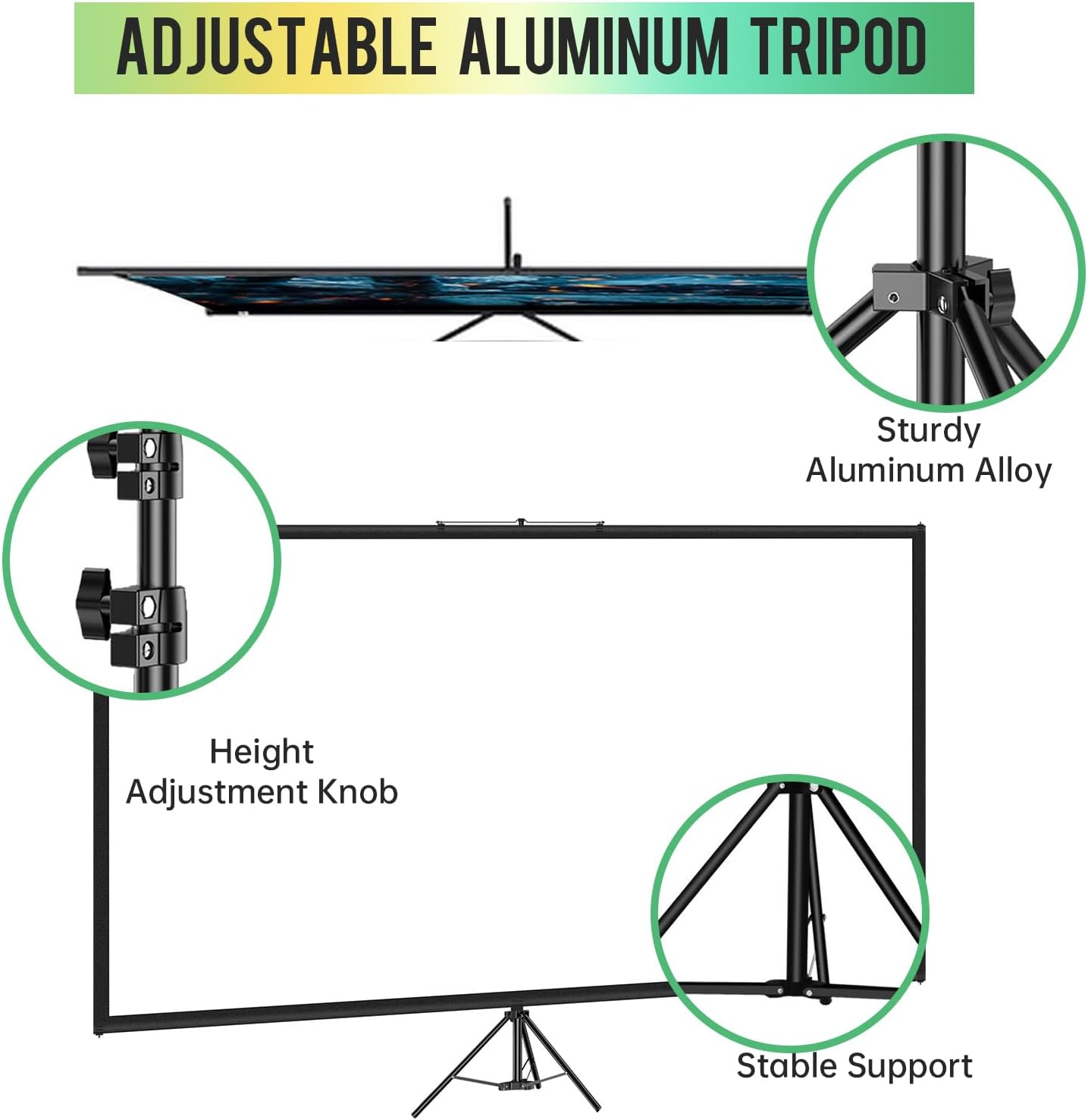 Tripod Projector Screen with Stand 16:9 4K HD Projection Screen Stand Wrinkle-Free Height Adjustable Portable Screen for Projector Indoor & Outdoor for Movie, Home Cinema, Gaming, Office (100 Inch)