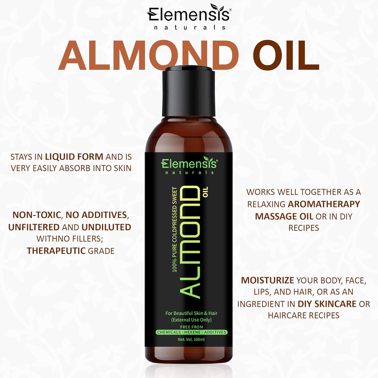 Elemensis Naturals Pure Almond Oil, Cold Pressed, to Support Hair Growth, Good Skin and Hair, 100Ml image number 6