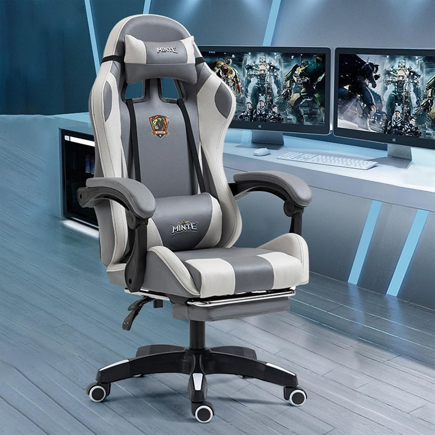 Technology Fabric Gaming Chair, Racing Massage Seat with Footrest, Ergonomic Support, 90-135&deg; Tilt, Breathable Fabric, Adjustable Lumbar, High-Back Recliner for Home Office (Grey)