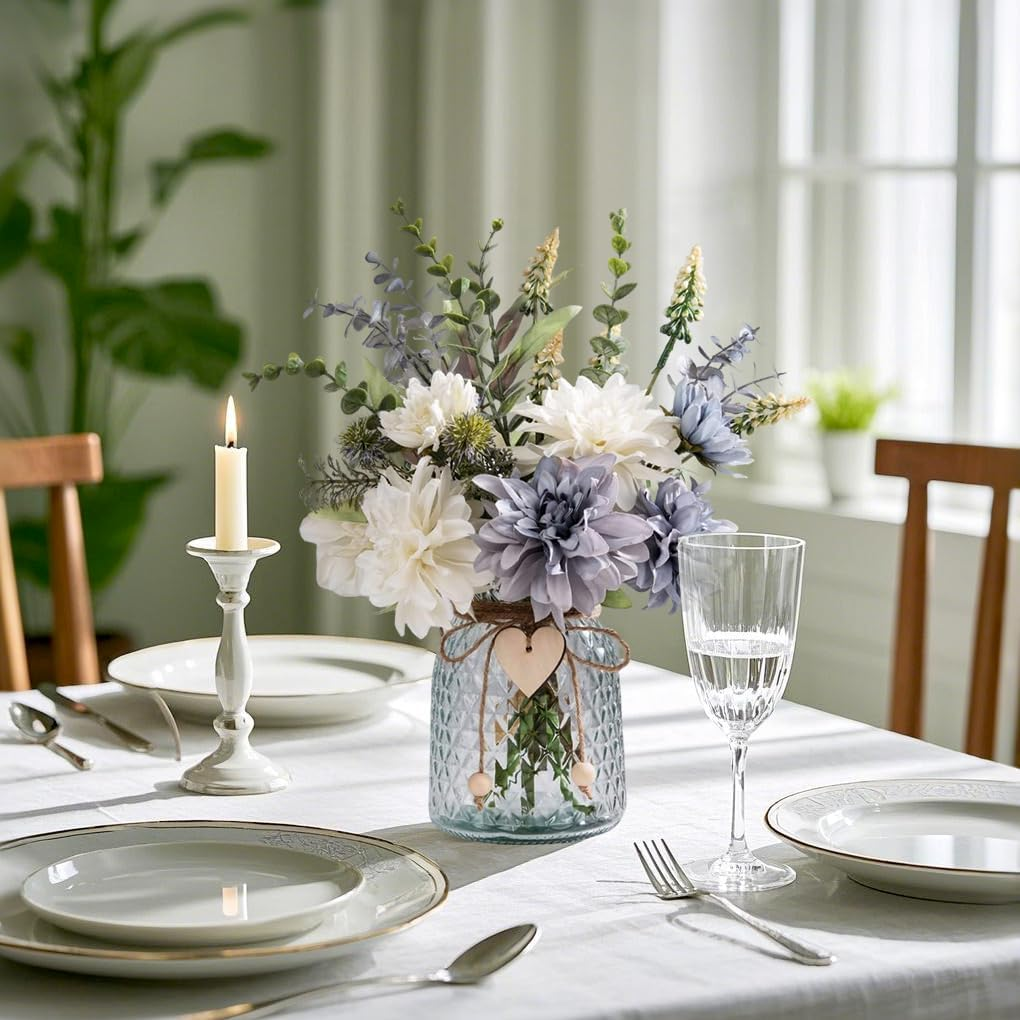 Delsol Artificial Flowers with Vase Silk Dahlia Faux Flowers Arrangement with Glass Vase Exquisite Fake Flowers Bouquet for Home Decor Decoration Table Centerpiece (Dahlia) image number 1