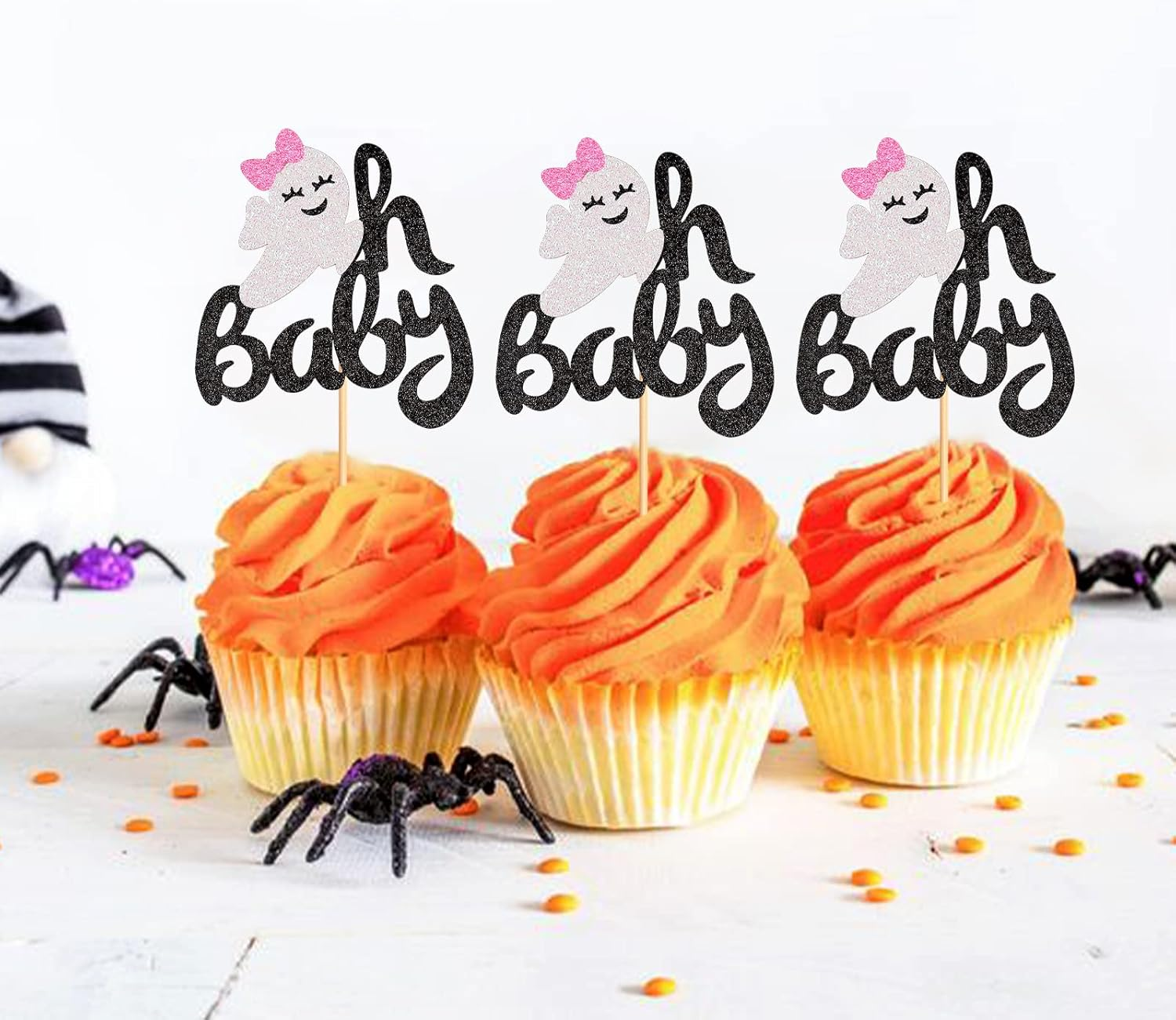 24 Pack Ghost Oh Baby Cupcake Toppers Halloween Cupcake Picks Pink Bow Ghost Oh Baby Cupcake Decors for Halloween Theme Baby Shower Birthday Party Cake Decorations Supplies - 1 Boo-Pink image number 2