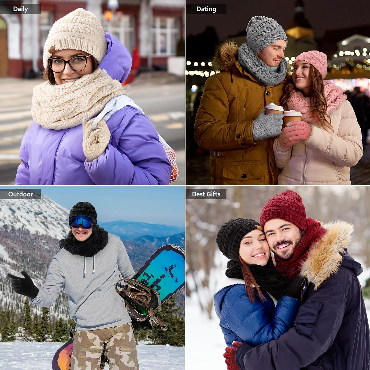 Winter Beanie Hat Scarf Gloves Set, Warm Knit Winter Hats Touchscreen Gloves Thick Neck Warmer Winter Scarf for Women - Black image number 6