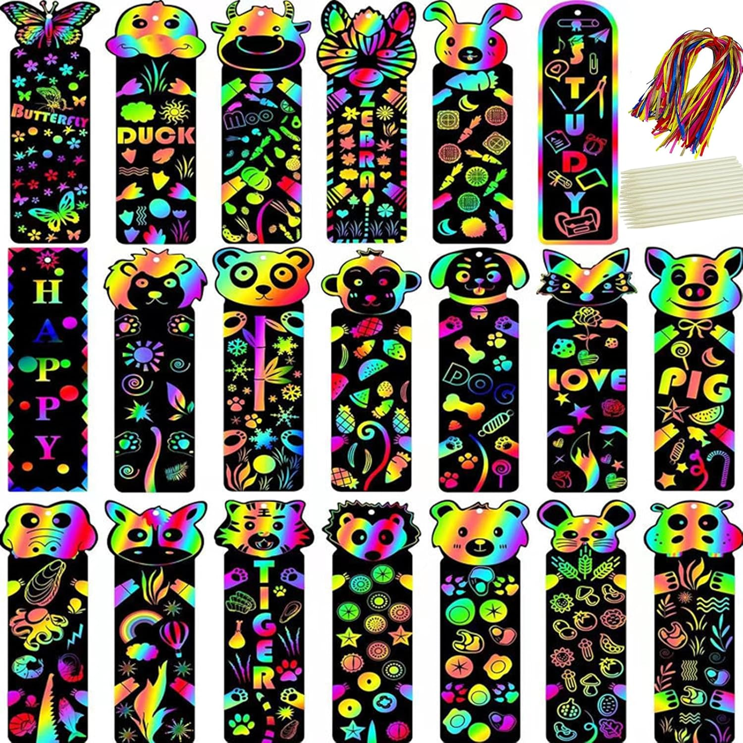 60Pc Animal Scratch Art Bookmarks Kit with 30 Wooden Styluses & 60 Ribbons - Creative DIY Craft Party Favors for Kids, Classroom Rewards, Birthday Gifts for Girls Boys (Rainbow Design) image number 3
