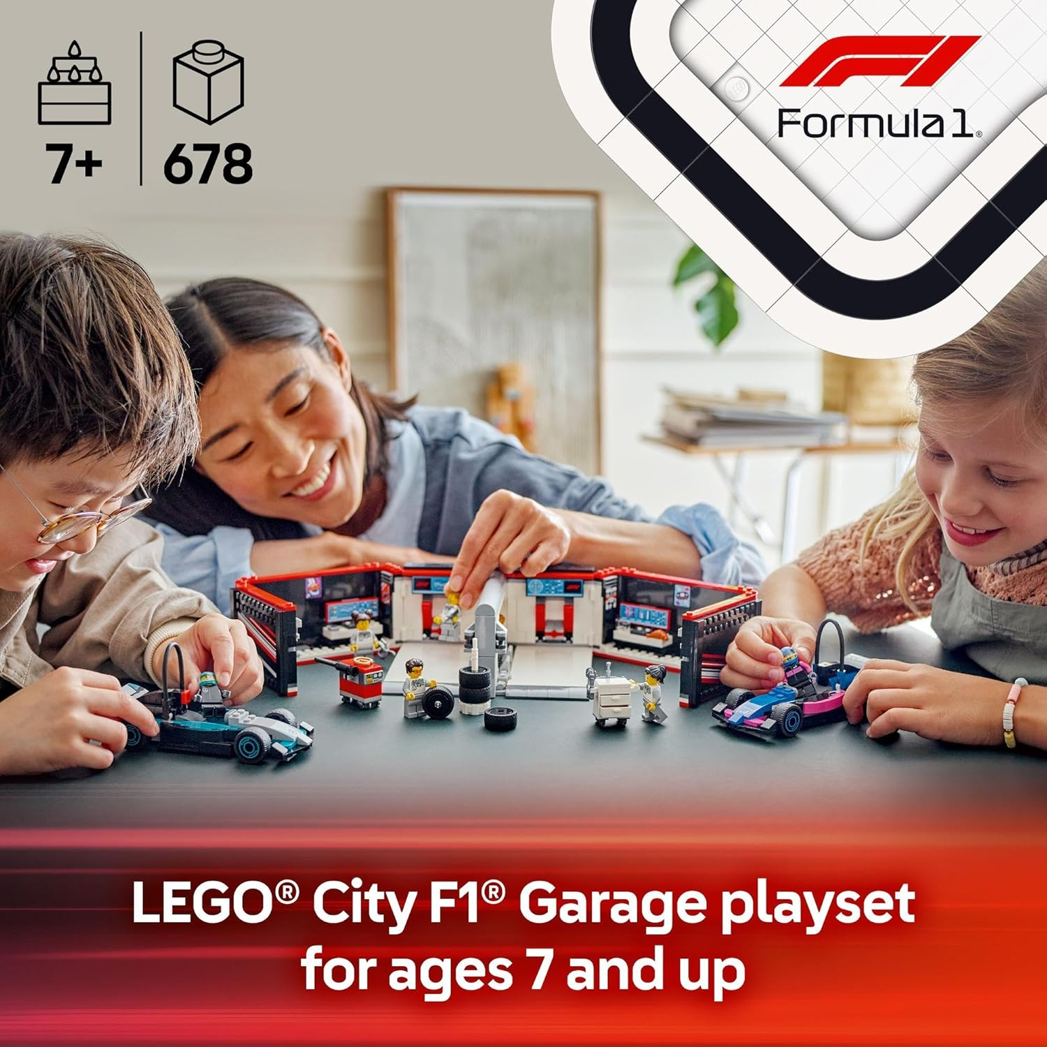 LEGO City F1 Garage & Mercedes-Amg & Alpine Cars Building Set with Formula 1 Racing Cars for 7+ Year Old Boys & Girls, Vehicle Model Construction Kit with Kids Toy Garage and 6 Minifigures 60444 image number 1
