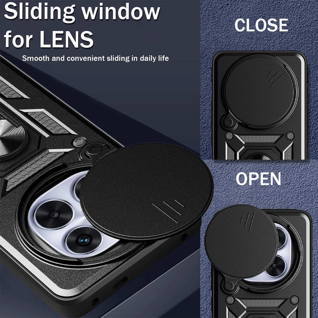 YUEQIAN Case for Xiaomi Redmi Note 14 Pro+ plus 5G, Sliding Camera Cover & Rotating Stand Ring Shockproof Mobile Phone Case, Hard PC + TPU Military Armour Scratch-Resistant Protective Case, Black