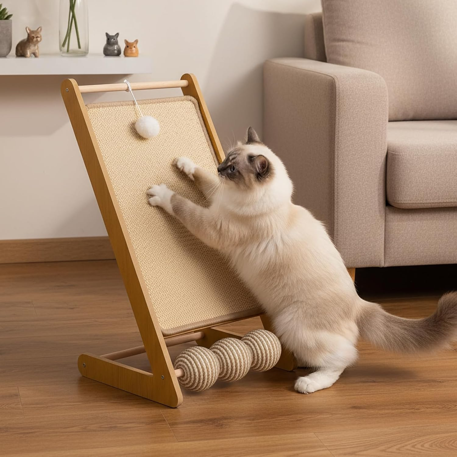 Fiula L-Shape Sisal Cat Scratching Board, Cat Scratching Post, Scratching Furniture Cat, Sisal, Vertical Scratching Board for Cats with Ball Toy, Suitable for Cats of All Ages image number 2